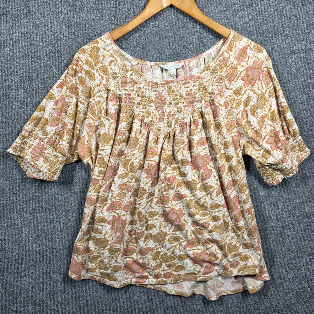 Lucky Brand Blouse Womens Large Bobo Floral Smocked Short Sleeve Top